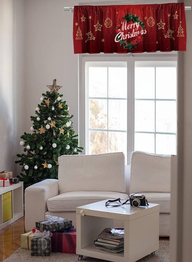 Deztibos Christmas Holly Wreath Kitchen Curtain Valance 52x18inch with Rod Pocket Half Short Red Ornaments Star Deer Laundry Cutain Topper Window Valance - Image 3
